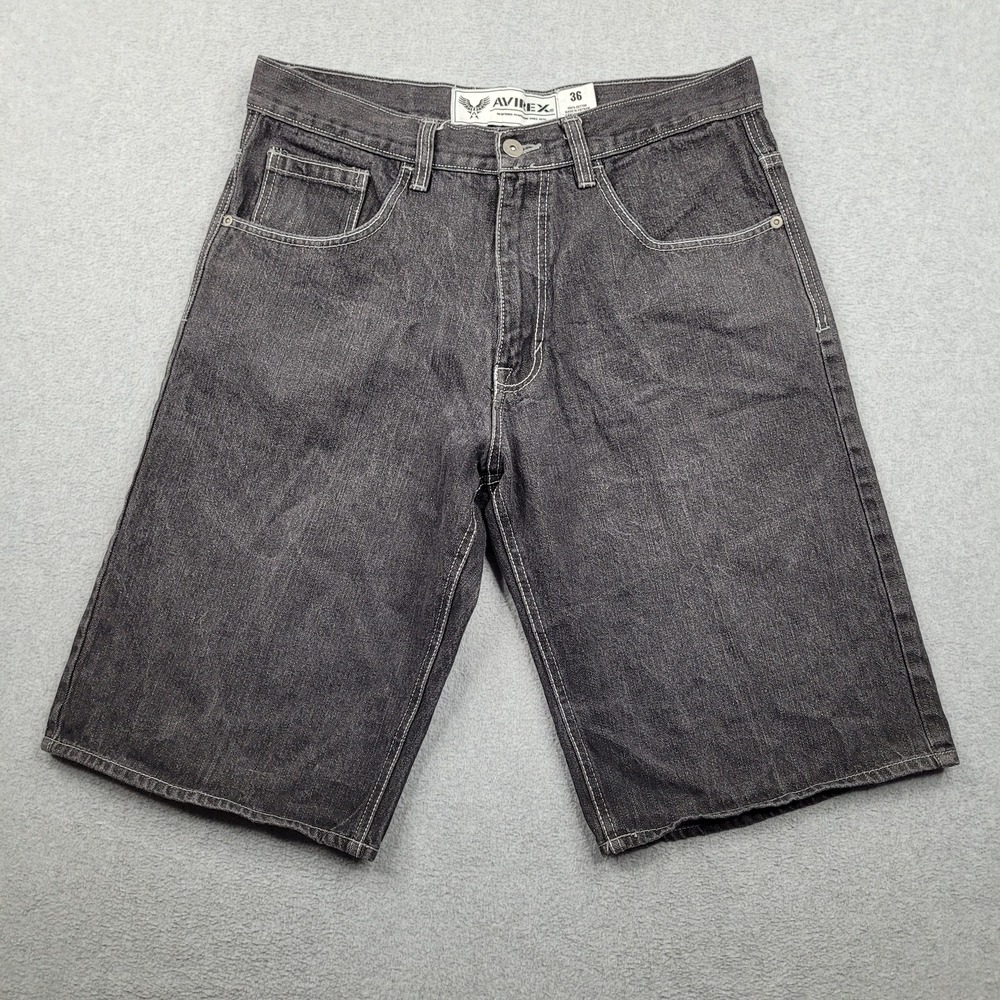 Avirex Denim Shorts Mens 36 Black Embroidered Back Pockets Y2K Baggy Hip Hop